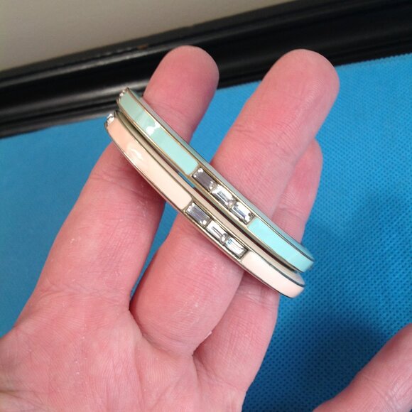 J Crew Enamel Crystal Cuff Bangle Bracelets Set Pink Teal - Picture 4 of 9